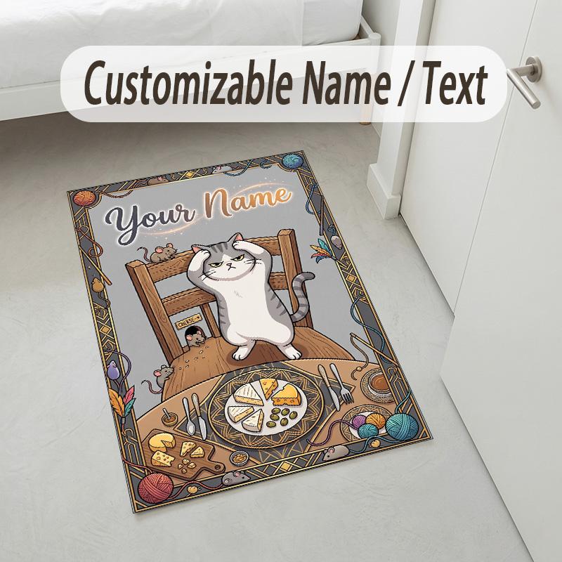 Cat Art Theme Soft Crystal Velvet Rug Custom Name & Text Print Non Slip Floor Rug for Bedroom Living Room