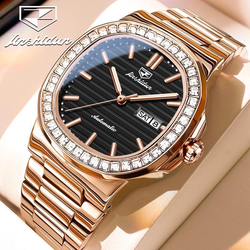 Montre pour homme JINSHIDUN avec montre mécanique automatique à relief horizontal incrustée de diamants