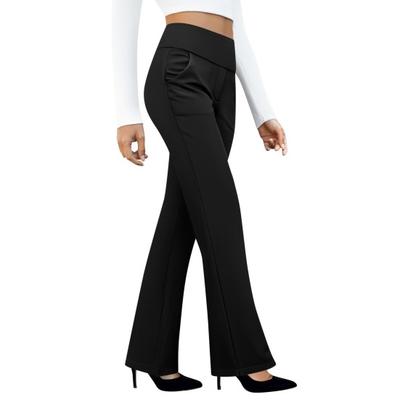 Women Pants Pure Color High Waist Flared Trousers with Pockets Soft Wrinkle Resistant Fabric Comfortable Stretchy Long Pants Casual Office Wear