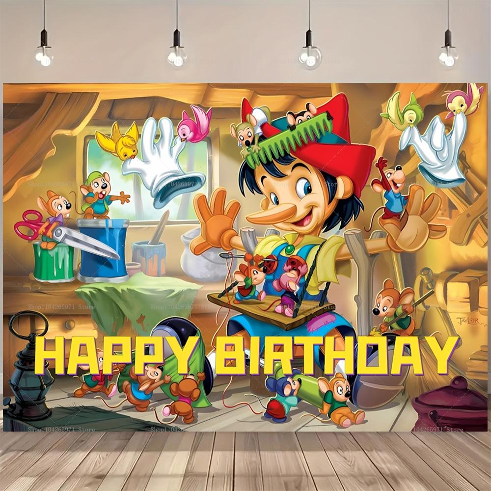 Kids Birthday Party Backdrop Disney Pinocchio Classic Wooden Puppet Baby Shower Banner Studio Photography Background Supplies