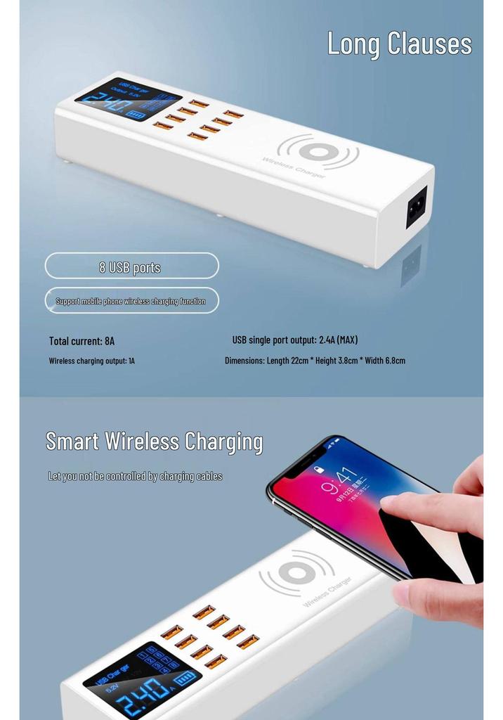Multi-Port USB Charger with PD Fast Charging, Digital Display, 8 Ports & Multiple Interfaces