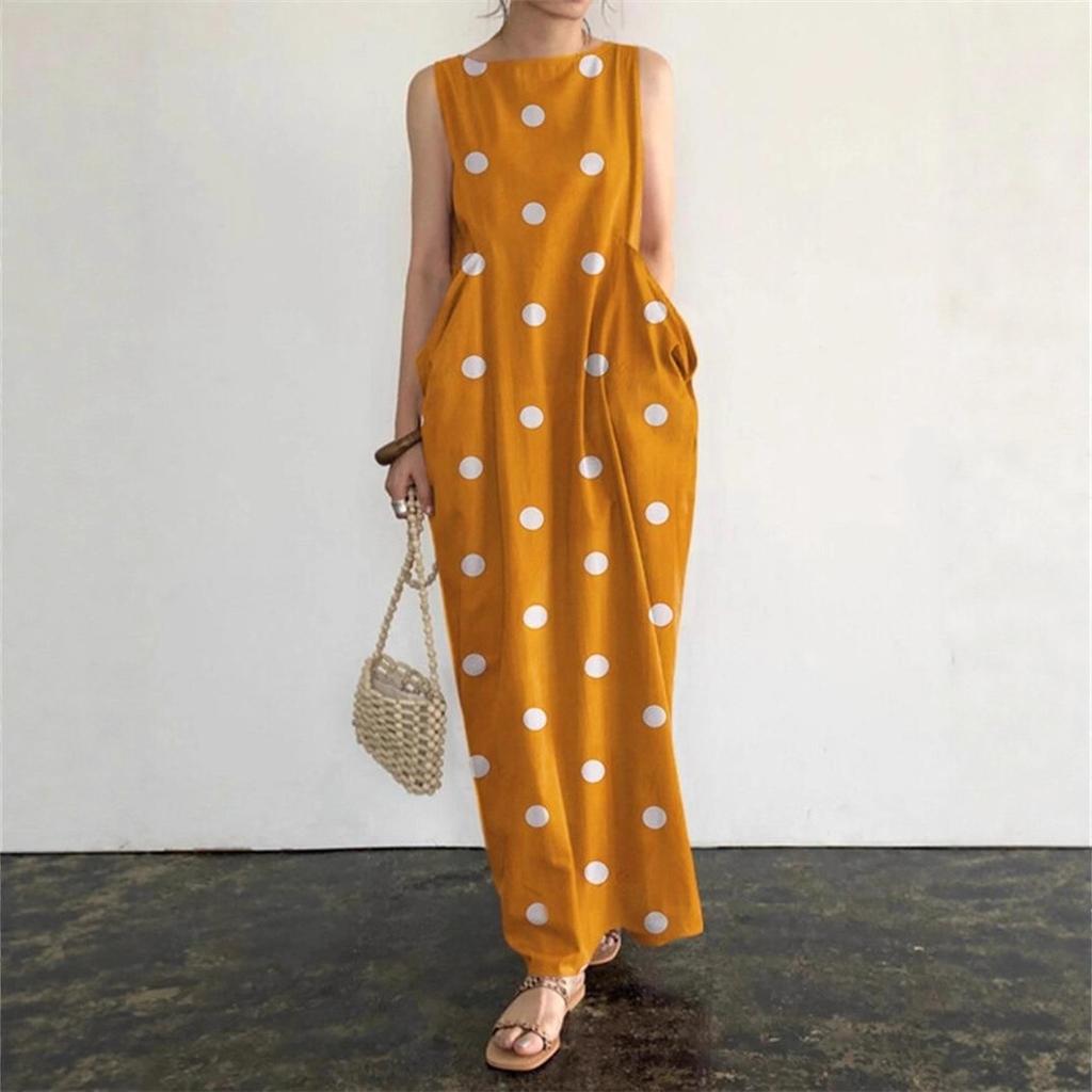 Shipped, European and American summer new women's clothing long dress polka dot printing pocket loose dress