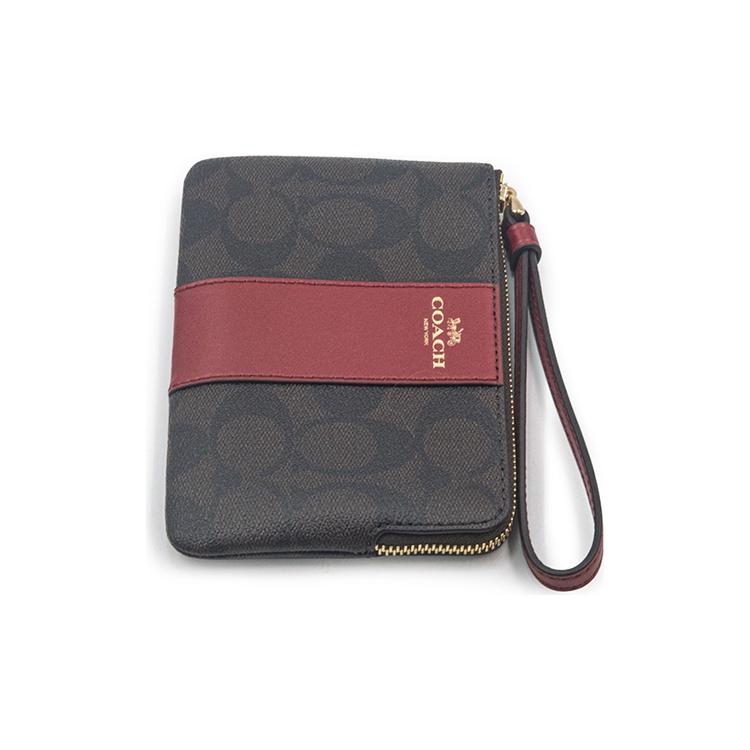 Coach Corner Zip Monogram Canvas And Leather Wristlet Clutch Coin Purse Women Wristlet Dark-Brown Red 58035-IMRVQ