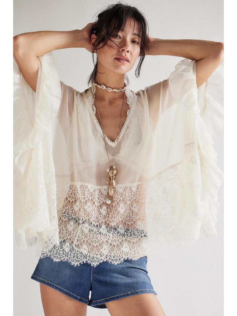Women's Batwing Sleeve Mesh Cover-up: Spring/Summer Loose Beach Top with Lace Patchwork and Sun Protection.