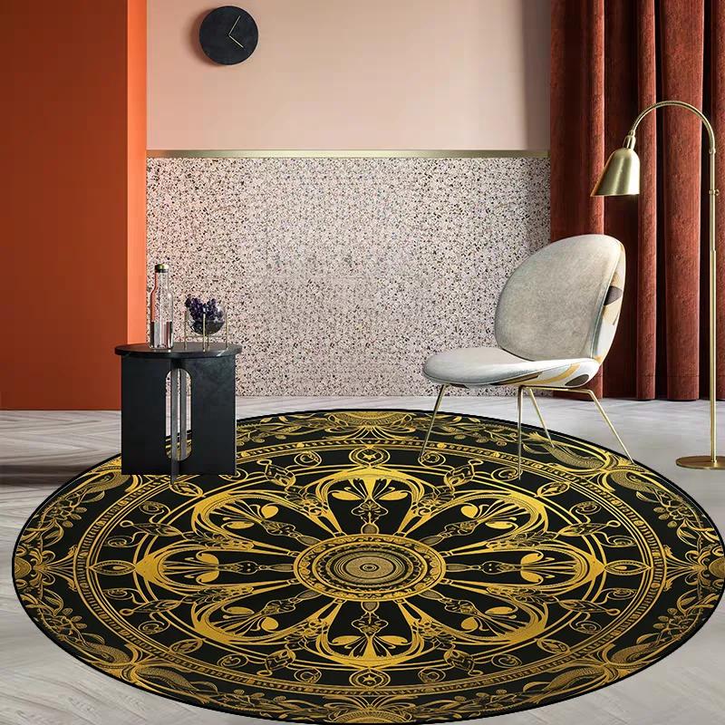 Modern Style Living Room Round Carpet Large Area Soft Non-slip Lounge Table Chair Mat Golden Luxury Rugs for Bedroom Bedside