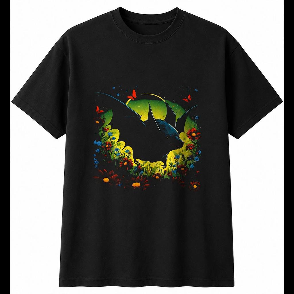 Anime Bat with Flowers Wildlife Mens T-Shirt Black 100% Cotton Animal Printed