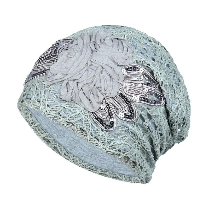 Elegant Women Sequins Lace Turban Cap Flowers Muslim Headwear Hat Female Head Wraps Ladies Headscarf Bonnet Turbante Mejur