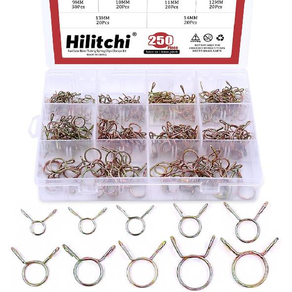 Hilitchi 250-Pcs [10 Size] Fuel Line Hose Tubing Spring Clips Clamps Assortment Kit for Motorcycle Scooter ATV - [5~14mm]