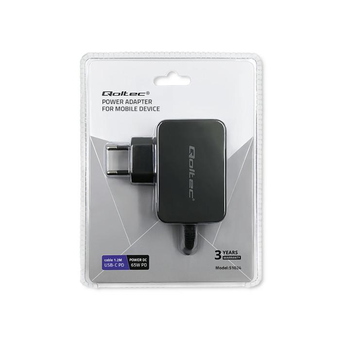 Qoltec Ładowarka sieciowa 65W | 5-20V | 3-3.25A | USB typ C | PD | Laptop | Smartfon | Czarna