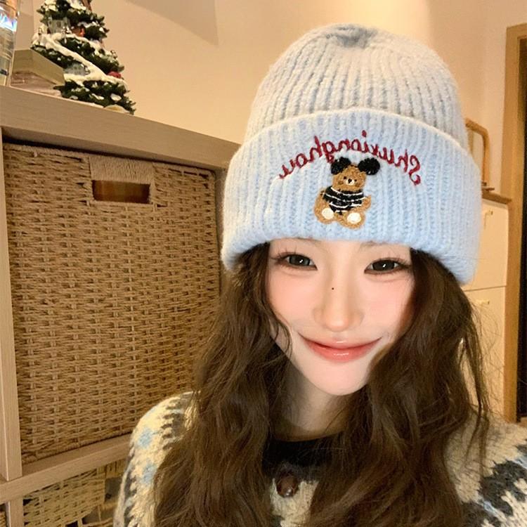 Cute Bear Blue Knitted Hat for Women In Autumn and Winter To Keep Warm and Versatile Ear Protection Woolen Hat Showing Face Small Baotou Cold Hat