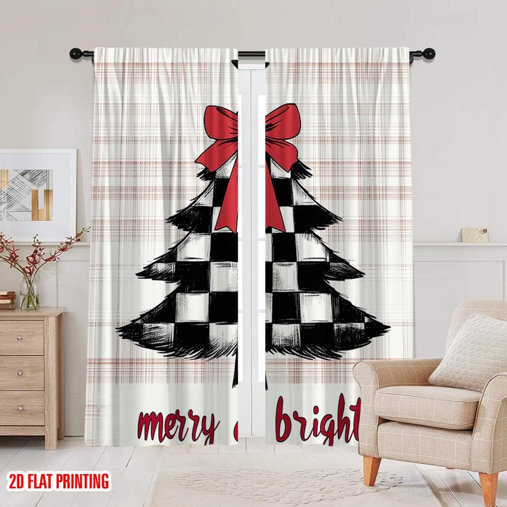 2pcs,2D plane printing Contemporary Curtains Buffalo Plaid Christmas Tree Merry Bright Polyester Easy Install (without rod)