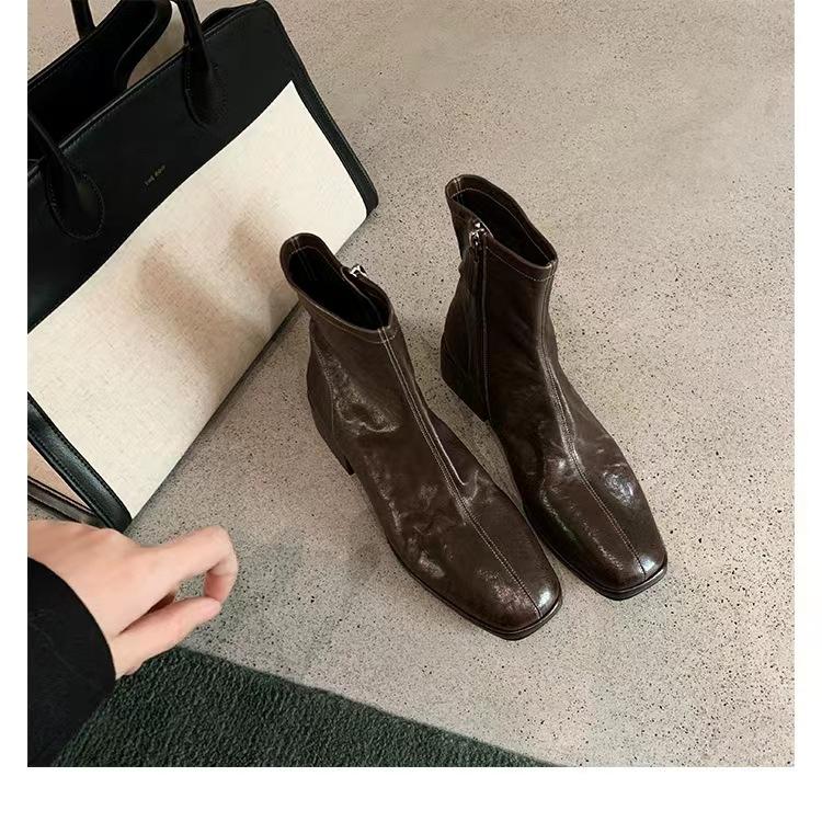 

2025 Autumn Winter Design Heel Ankle Boot Fashion Square Toe Zipper Ladies Casual Chelsea Boots Shoes Genuine Leather Short Boot 34