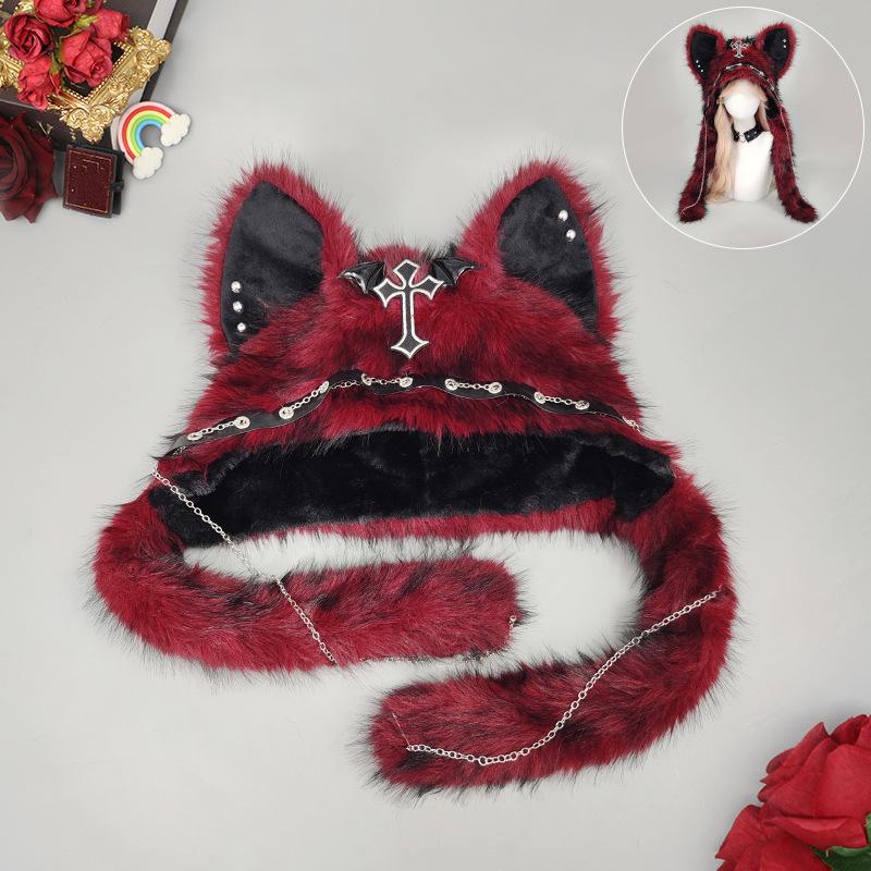 Goth Handwork Medieval Cross Fluffy Hat Woman Punk Wolf Cat Ears Plush Headgear Gothic Darkness Cosplay Props Windproof Gorros