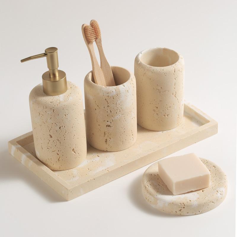 Travertin Seifenspender Seifenschale Mundspülbecher Tablett Abtropfschale Handdesinfektionsflasche Lotionflasche Badezimmer Waschen Set
