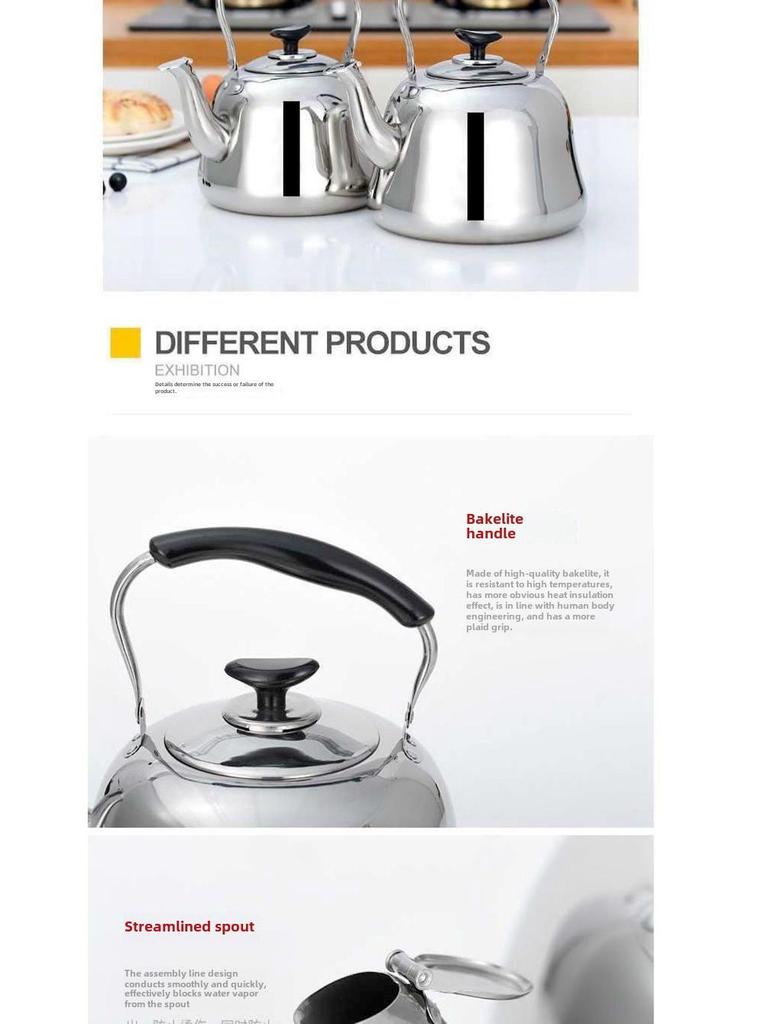 Fortykket rustfritt stål lydkjel for husholdningsgass- og induksjonskomfyrer, stor kapasitet