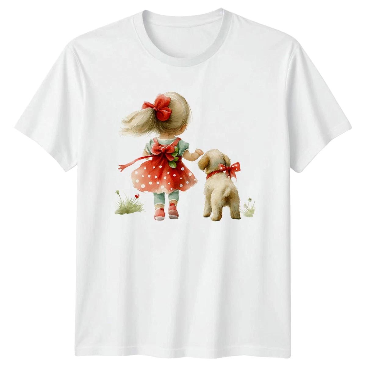 Girl Dog Friendship Childrens Unisex T Shirt Watercolor Art Mens Ladies Tee XS