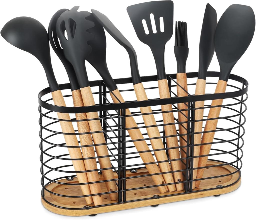 Utensil Holder for Kitchen Counter- Large Utensils Holder Farmhouse Cooking with Wooden Base Matte Black Cooking Utensil Holder