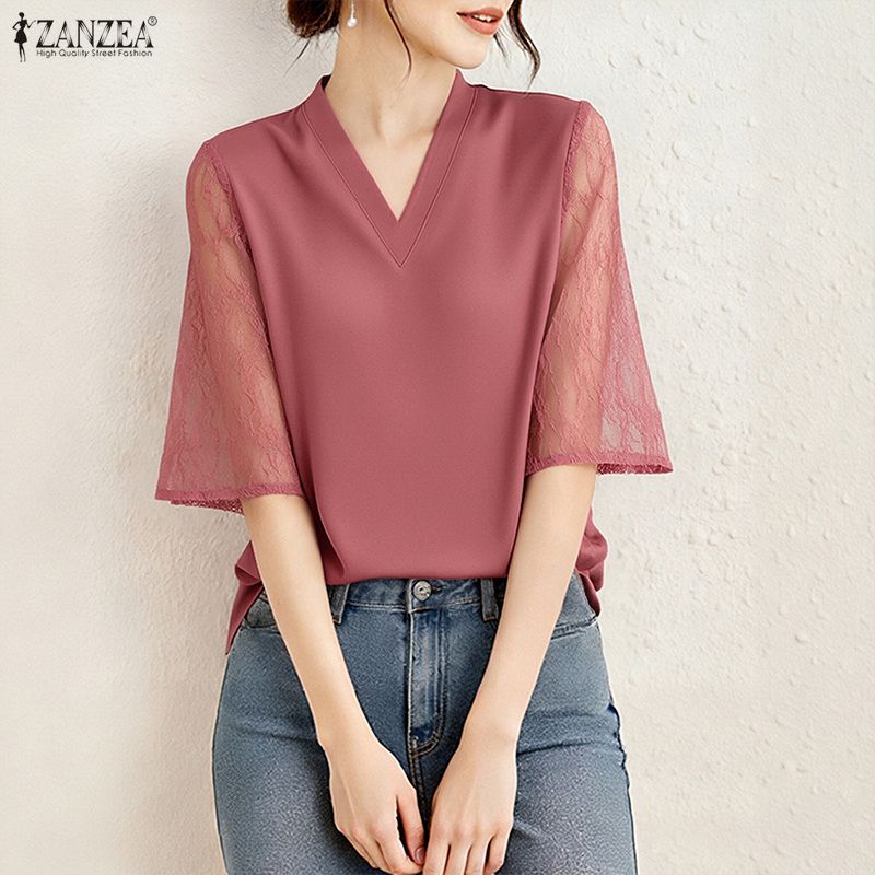 ZANZEA Women Casual V-Neck Lace Splice 3/4 Sleeve Blouse