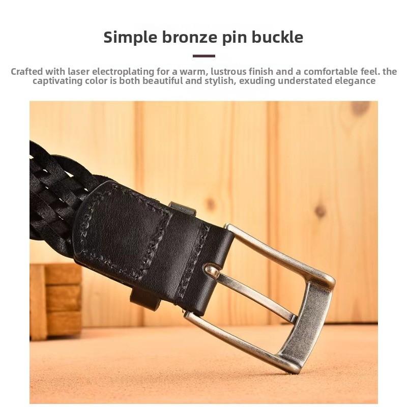 Meimeier Handmade woven leather belt - men's genuine top grain cowhide casual retro pin buckle belt