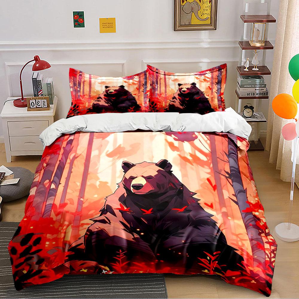 Forest Bear with Red Birds Bedding Duvet Cover Set Duvet Cover Pillowcases (1*Duvet Cover 2*Pillowcases, without duvet insert)