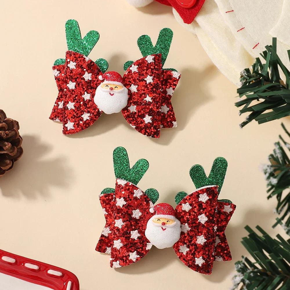 2pcs Glitter Christmas Kids Bows Hairpin for Girls Antlers Printed Fabric Ponytail Clips Christmas Holiday Prom Hair Accessories