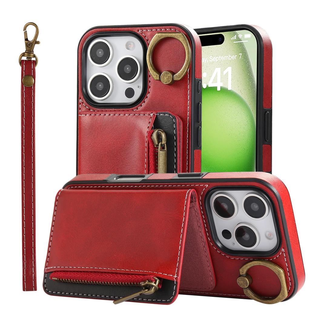 Luxury Leather Card Bag Slot Phone Case for IPhone 16 15 14 16E 13 12 17 Pro Max Plus Cases Stand Sleeve Cover with Wrist Band