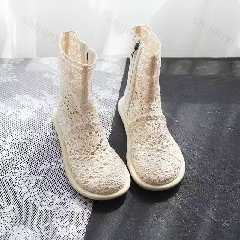 2026 Woman Ankle Cool Boots Women's Knitted Cotton Hemp Hollow Mesh Sandals Ladies Comfortable Flat Bottom Soft Soled Shoes