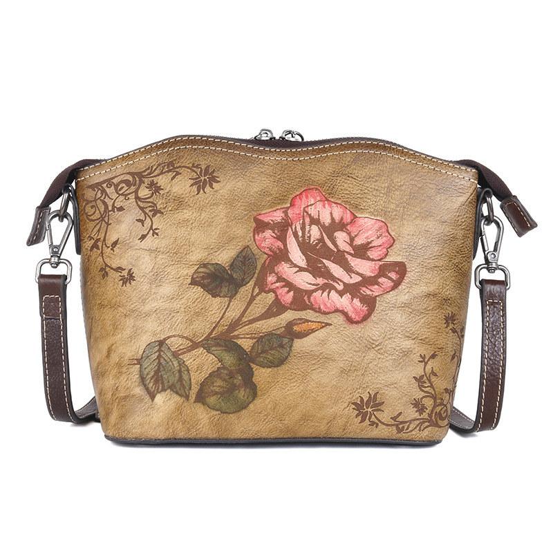 Vintage design Tašky přes rameno s květinovým vzorem z pravé kůže Crossbody kabelka pro ženy Dámská růžová kabelka
