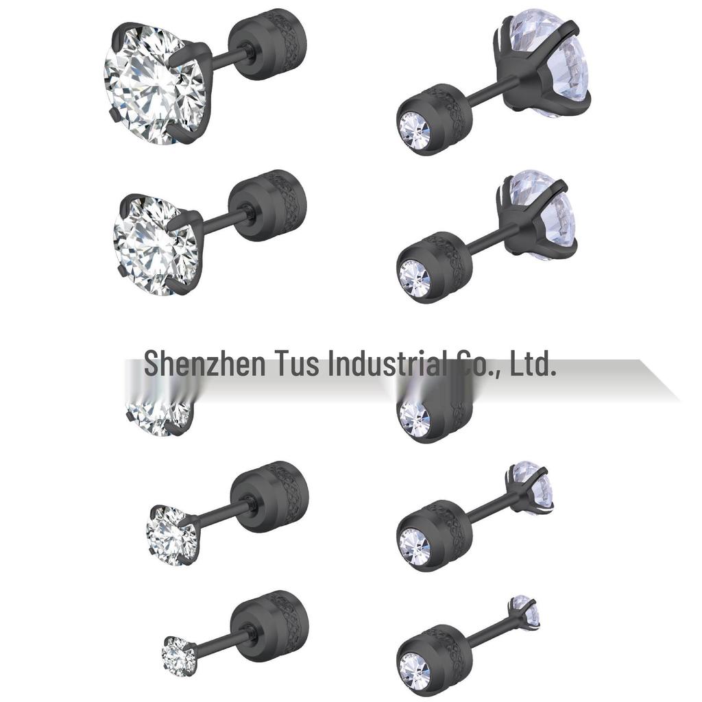 Mixed Round Zirconia Stud Earrings Set, Stainless Steel, Four-Prong Design.