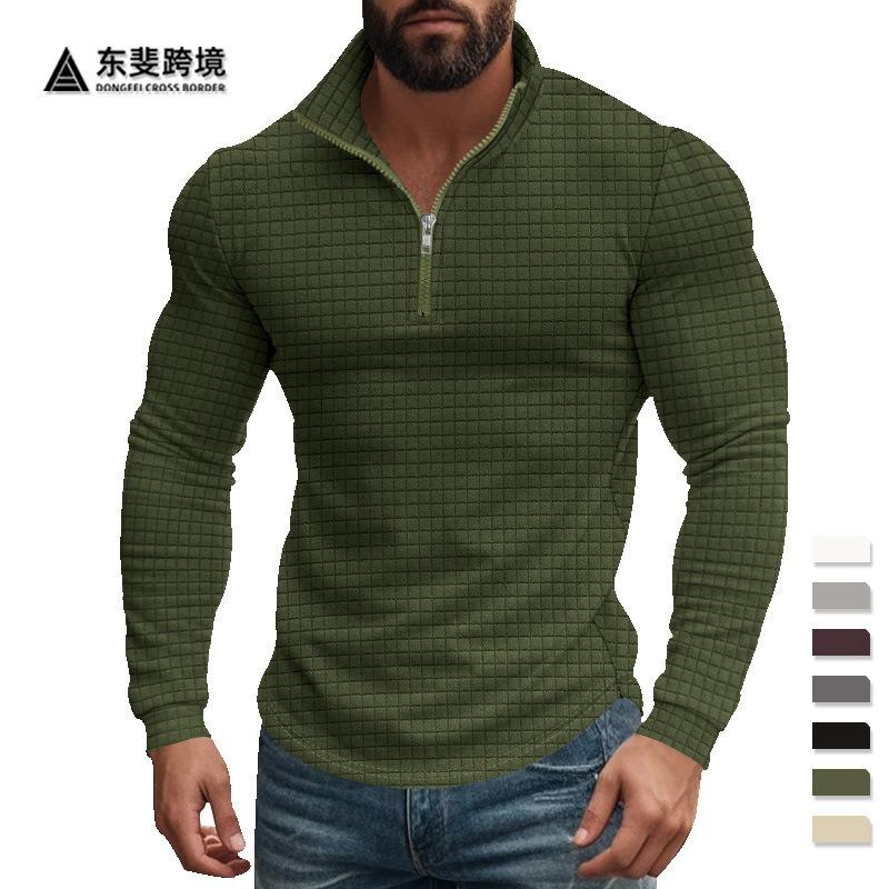Men's Spring and Autumn Small Checkered Sweater Stand-up Collar Half-section Zipper Long-sleeved Jacquard Men's Tops Are Trendy and Versatile