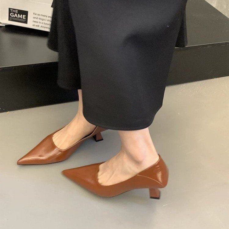 2025 Spring New Pointed Head Thin Heel Medium Heel Single Shoes Women's Shoes Thin High Heels Celebrity Style Work Commute Shallow Mouth