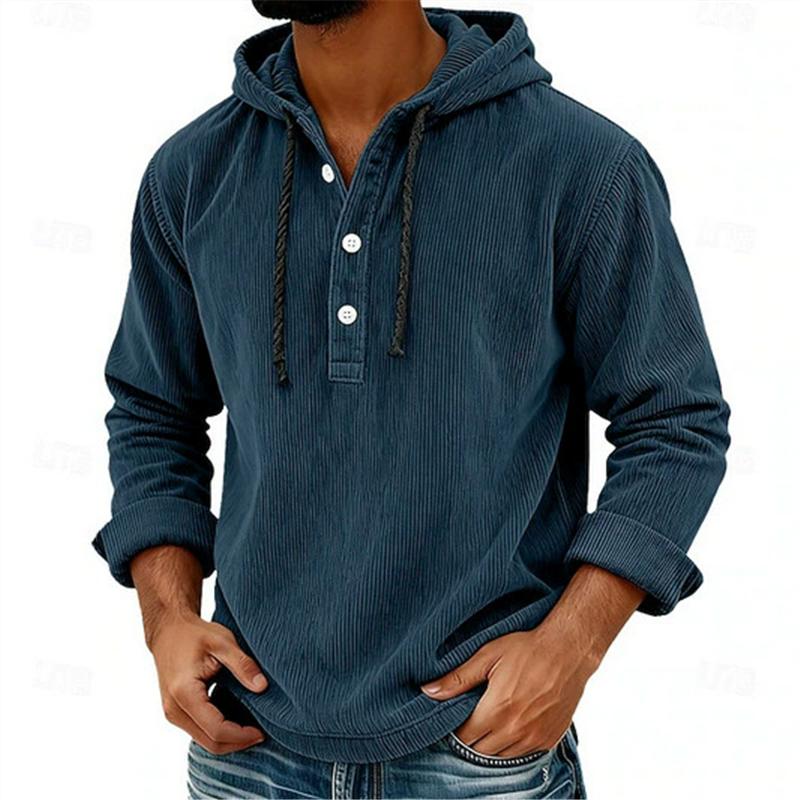 

Fashion Men s Hooded Hoodie Half Button Pull On Drawstring Loose Casual Sweatshirts Men Solid Striped Pullover 3XL