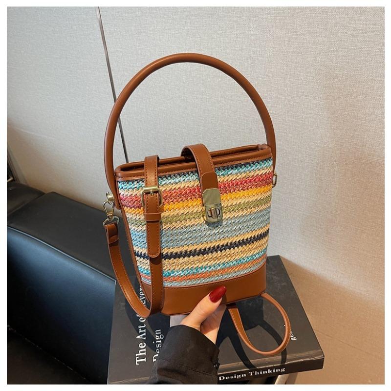 

Handwoven straw bag women s summer new fashion niche messenger bucket bag seaside beach bag темно-коричневого