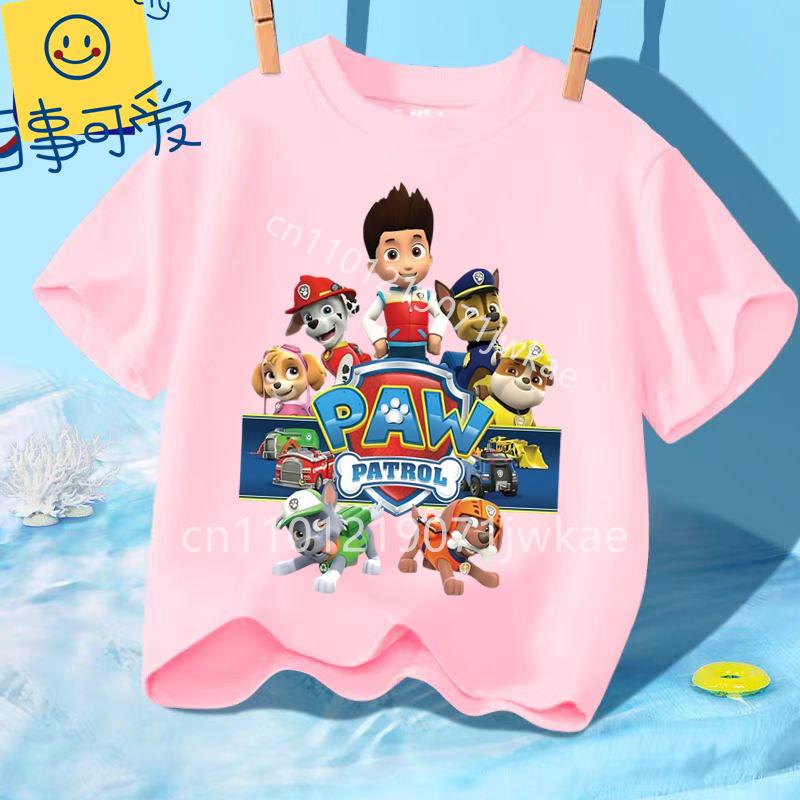 Paw Patrols Girl Boys T Shirt Cartoon Skye Short Sleeve Tops Summer Kids Korean Clothes Baby Casual Tees Cute Birthdays Gifts