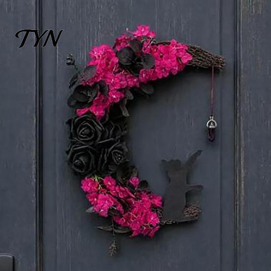 Indoor Dark Theme Soft Furnishings Halloween Black Cat Moon Wreath, Gothic Crescent Grapevine Wreath with Style Holiday Home Accents Rose Flowers,