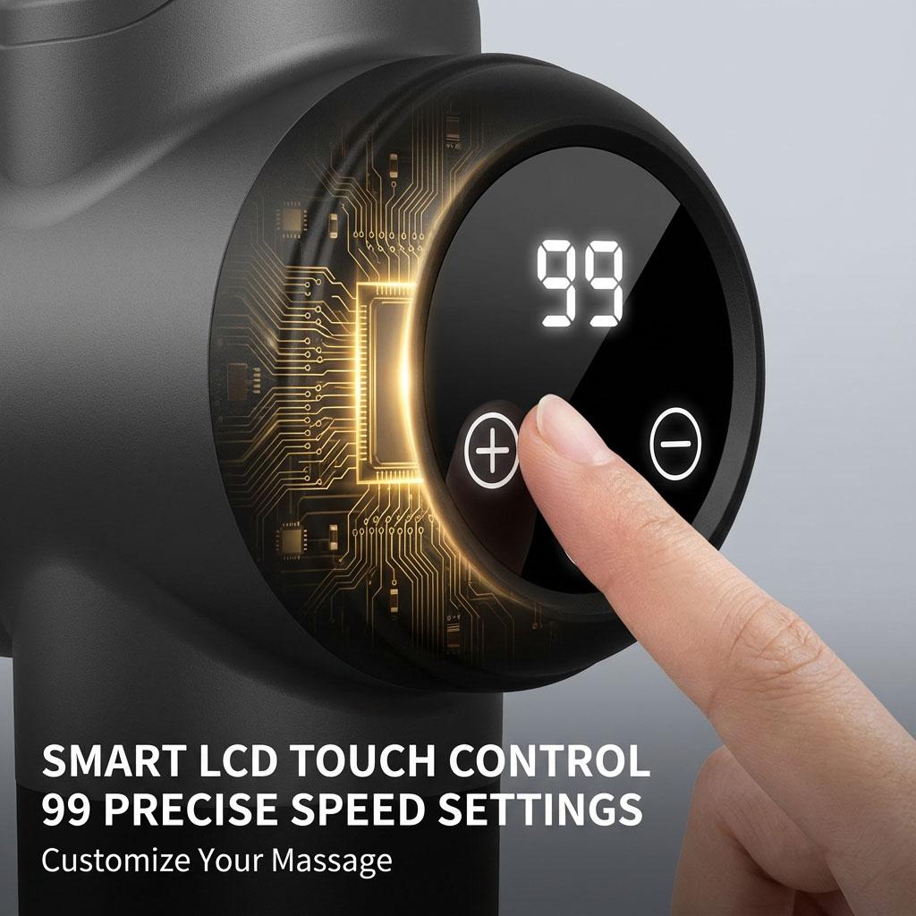 Smart LCD Touch Screen Massage Gun Electric Muscle Relaxer. 99 Gears Powerful Deep Tissue Massager with 8 Heads Type-C Rechargeable.