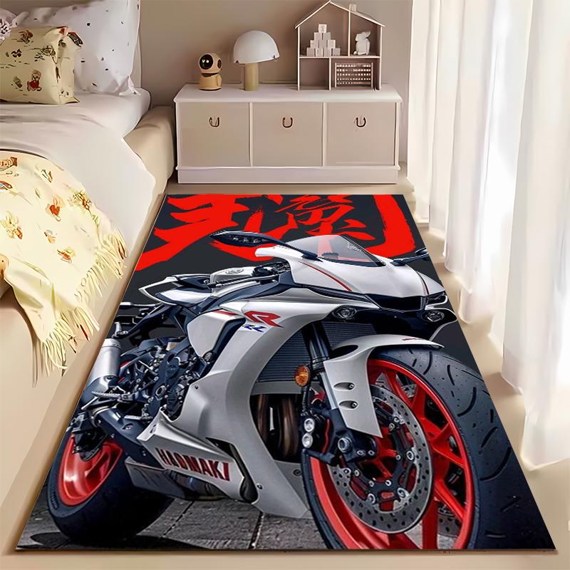 Area Rug, Kawasaki Ninja White Red Sport Bike Japanese Calligraphy Motorcycle Print, Man Cave Decor, Non-Slip Mat