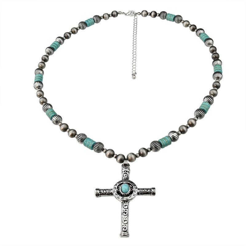 GemChic Women's New Vintage Turquoise Beads Alloy Cross Pendant Necklace Ethnic Chain Fashion Birthday Christmas Jewelry Gift