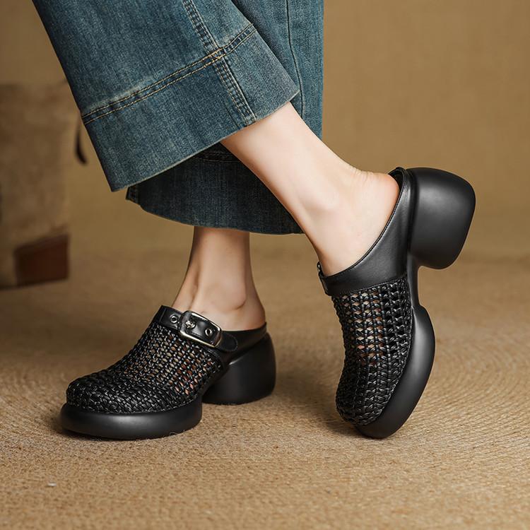 British round head hollow bag head slippers women's 2025 summer new woven thick-soled thick-heeled Muller shoes leather half slippers