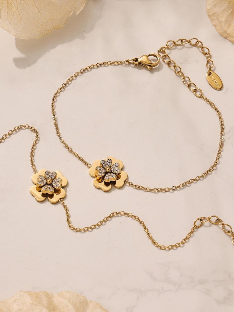 European & American Light Luxury Clover Jewelry Set: Stainless Steel, Zirconia-Embedded, Versatile Necklace, Bracelet, Ring & Earrings for Women.