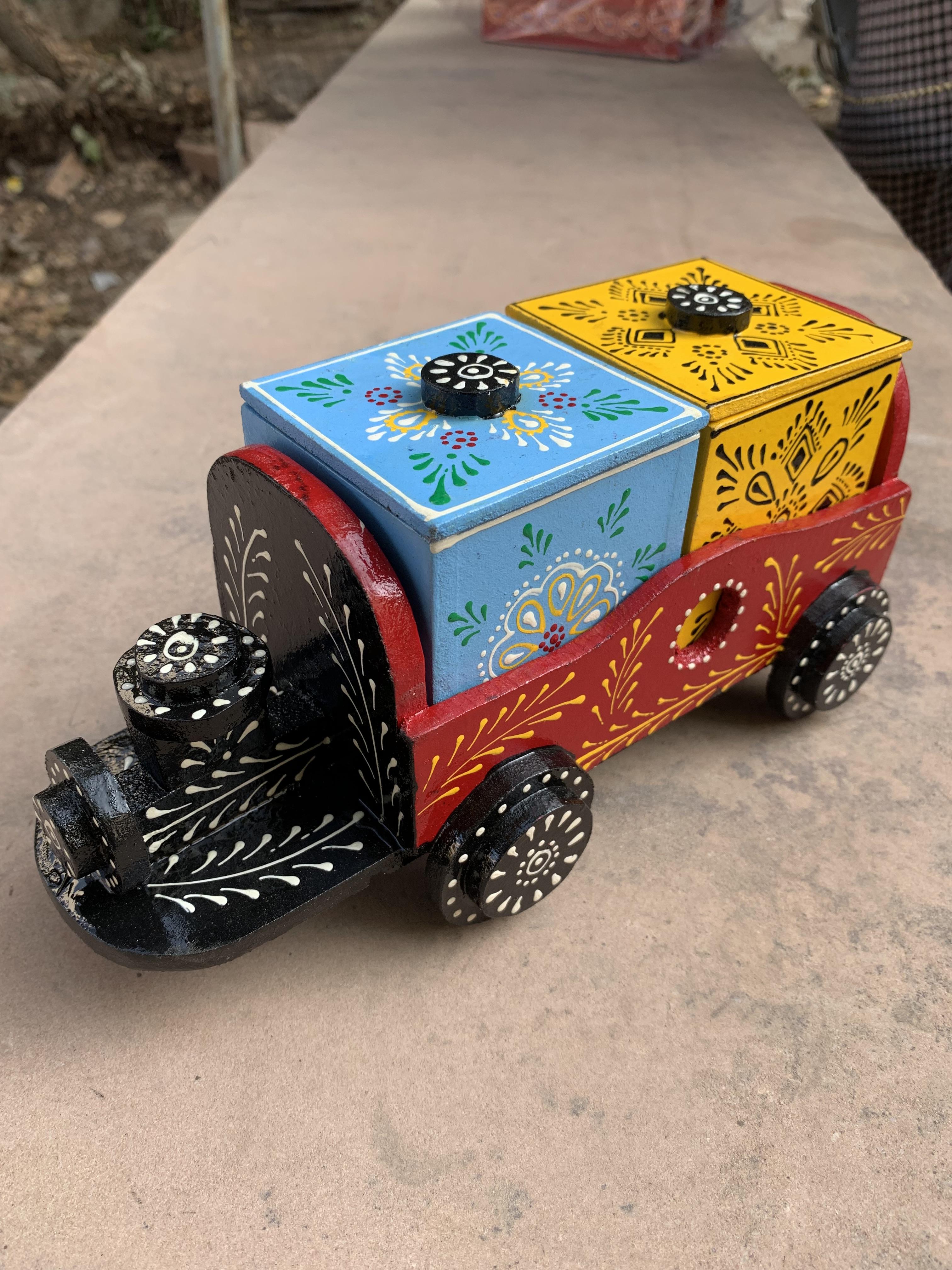 

Hand Painted Wooden Train Storage Box, Colorful Folk Art Organizer 4.5 x 9 x 4 (h x l x w) approx.