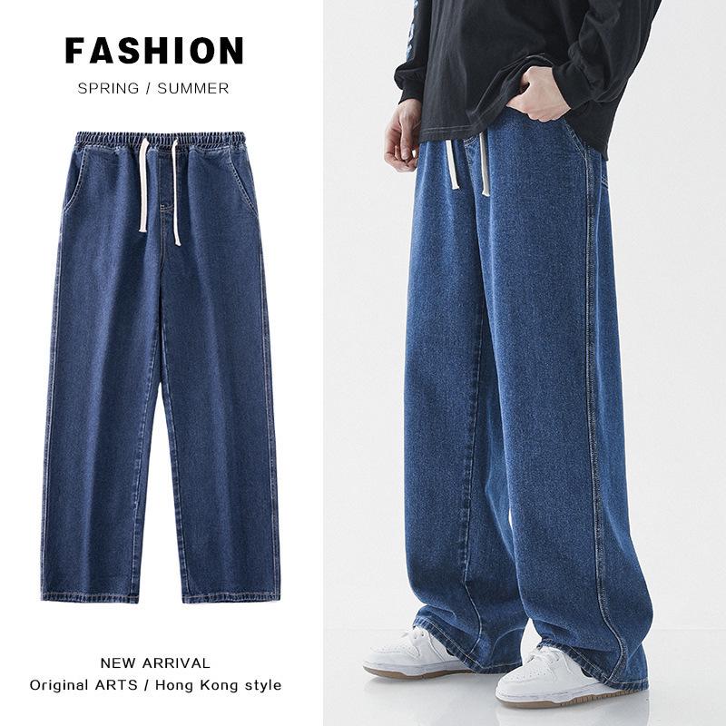 Herren Japanischer Stil Helle Farbe Weite Beine Kordelzug Jeans mit Elastischem Bund, Lockere Gerade Passform, Bodenlang Lässige Trendige Hose