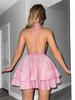 Women's Shiny Pink Deep V-neck Ruffled Slim Fit Dress