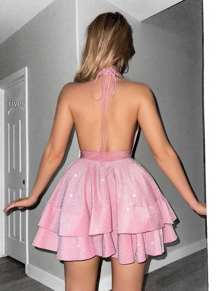 Women's Shiny Pink Deep V-neck Ruffled Slim Fit Dress