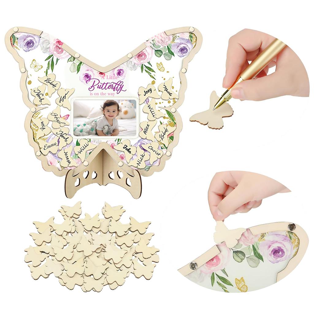 Butterfly Acrylic Guest Book Frame 33x35cm with Pen & 60 Wood Chips for Baby Shower Party Decor Gift