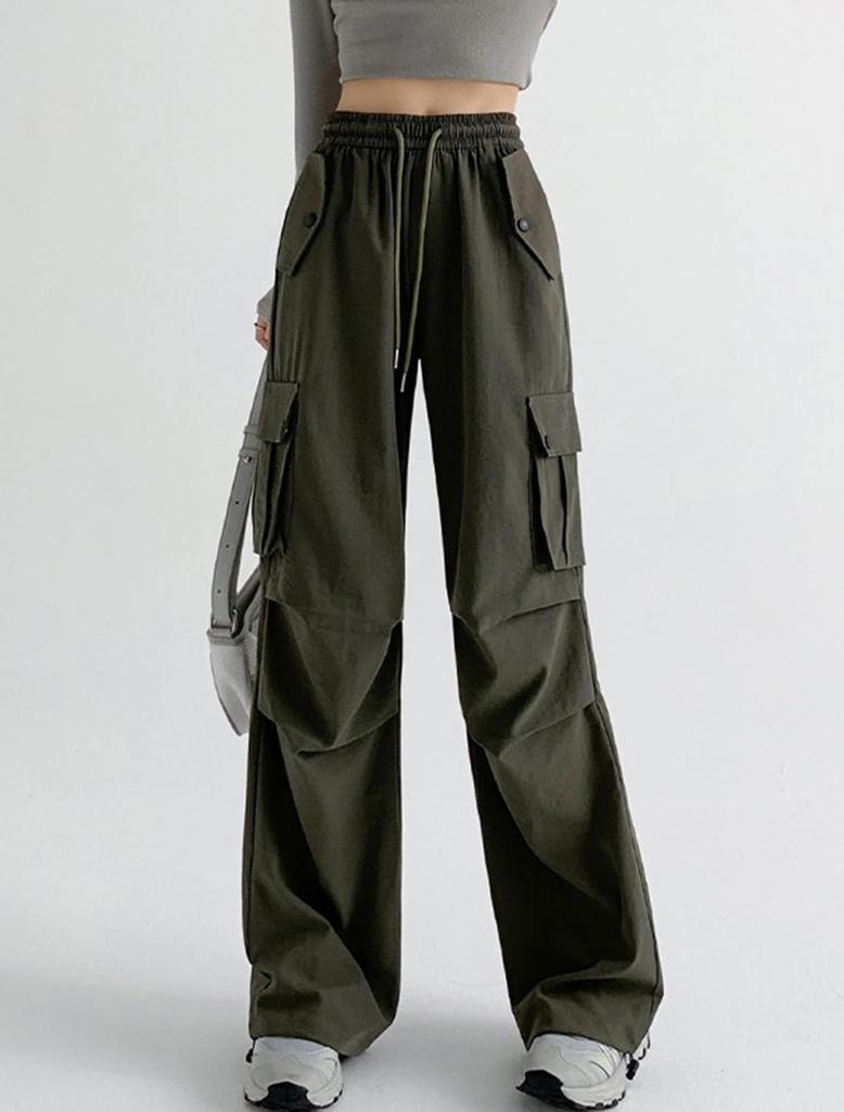 JHIJSC Autumn Cargo Solid Loose Plus Sizes Women's Pants, Wide-Leg, Color, Fit, Casual, Stylish, (JP, Alphabet, XL, Green)