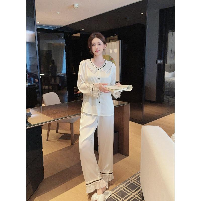 

French sweet spring and summer ice and snow pajamas women s lace lapel princess style long-sleeved trousers loungewear set XL шампанського
