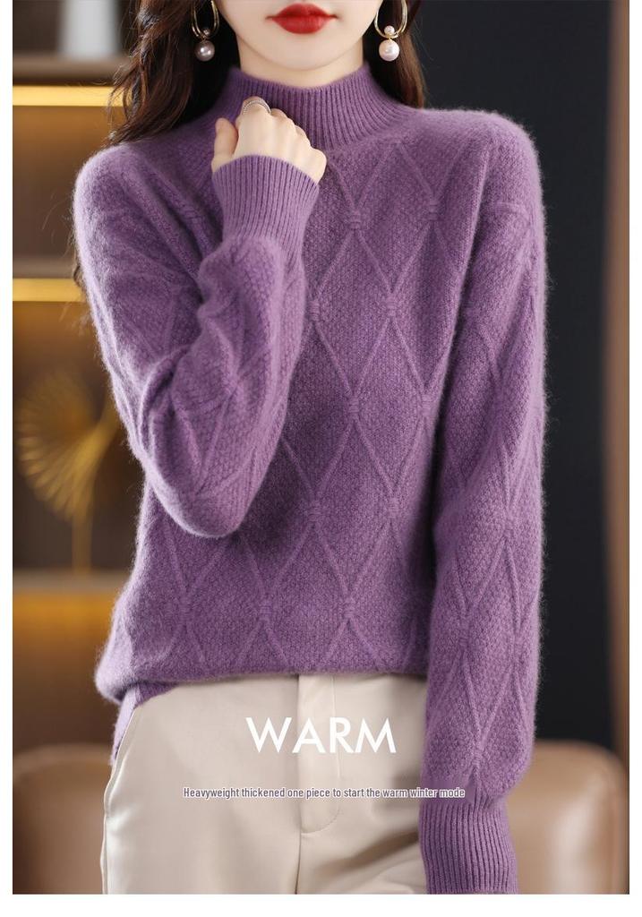 Women's High Neck Pure Wool Pullover Sweater with Diamond Pattern, Thick Base Layer, Solid Color Knit.