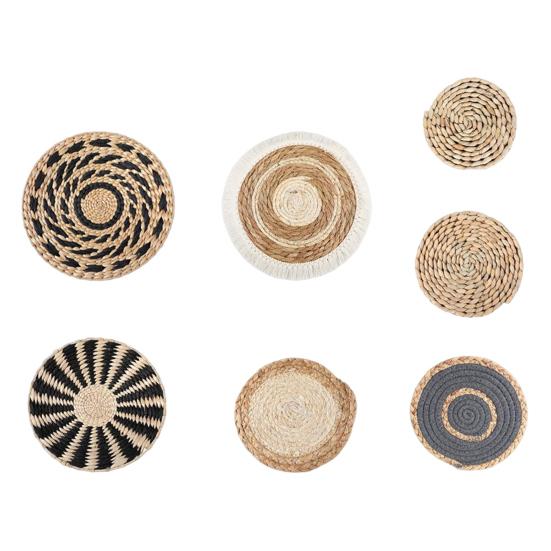 7/9Pcs/Set Boho Wall Basket Decoration Handmade Woven Round Flat Wall Hanging Decor Bohemian Decorative Rustic Rattan Seagrass Wicker Wall Art