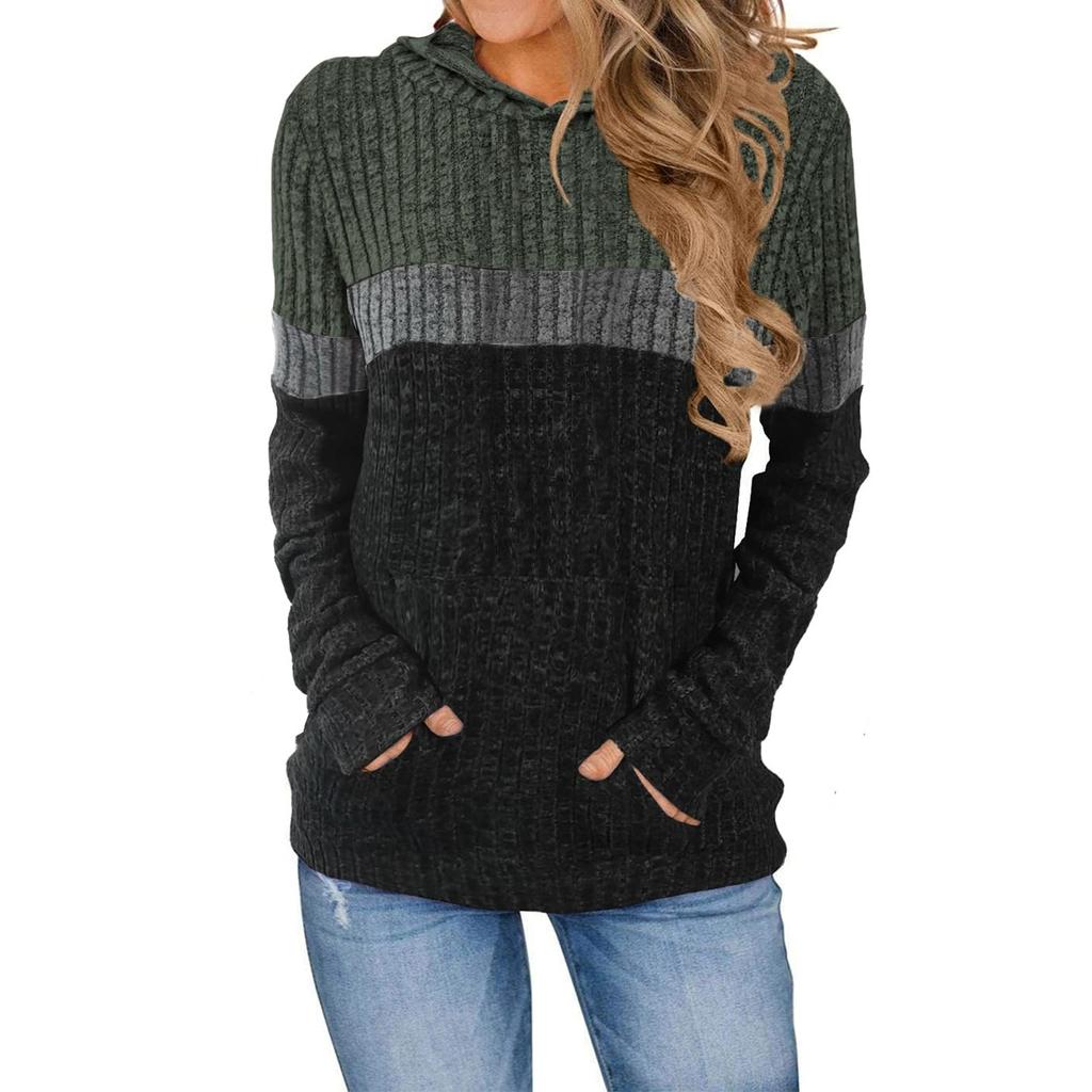 Women's Style Spring Autumn New Versatile Loose Casual Color Block Striped Pocket Hooded Pullover Sweatshirt
